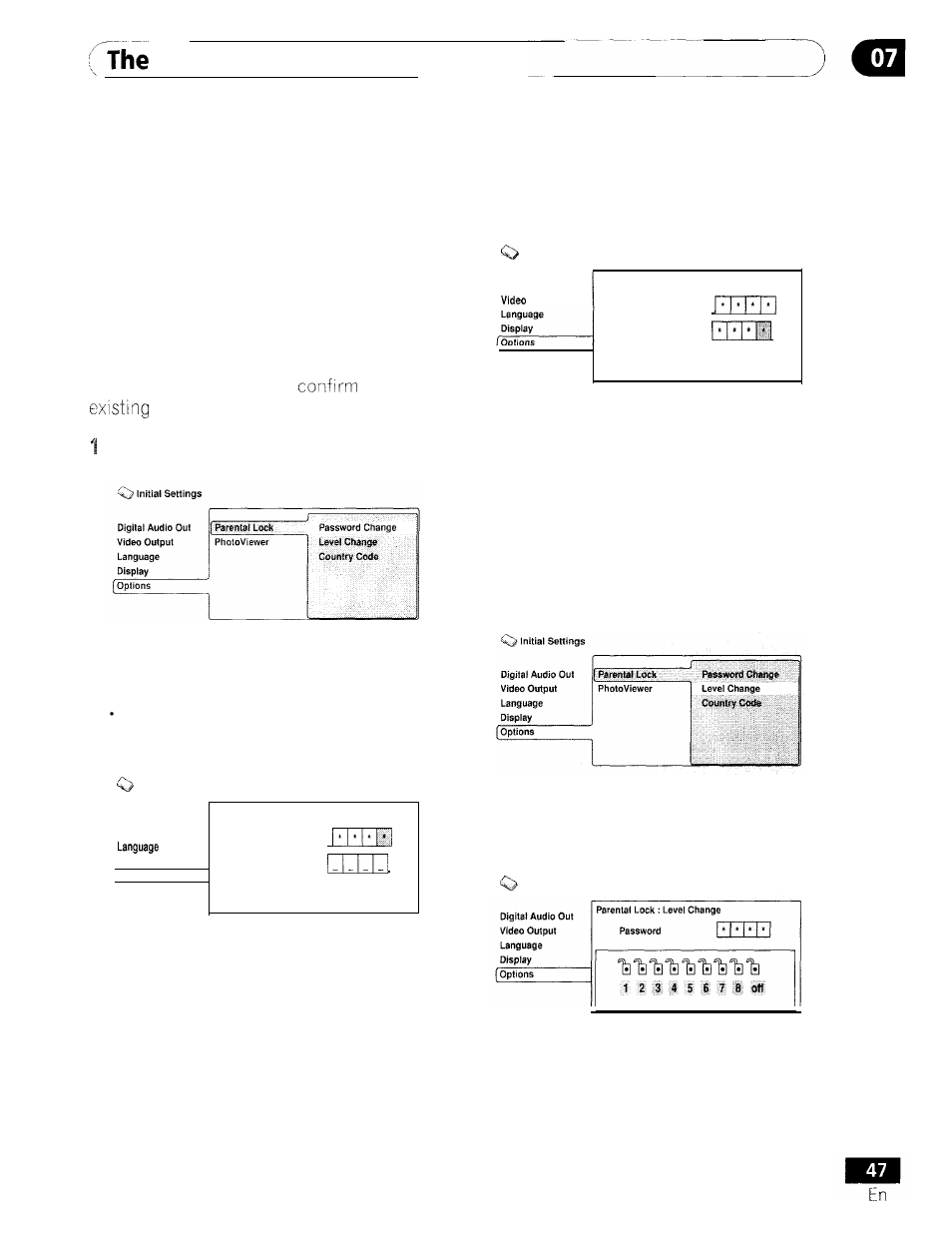 Initial settings menu, Changing your password, Setting/changing the parental lock level | GE DV-354 User Manual | Page 47 / 61