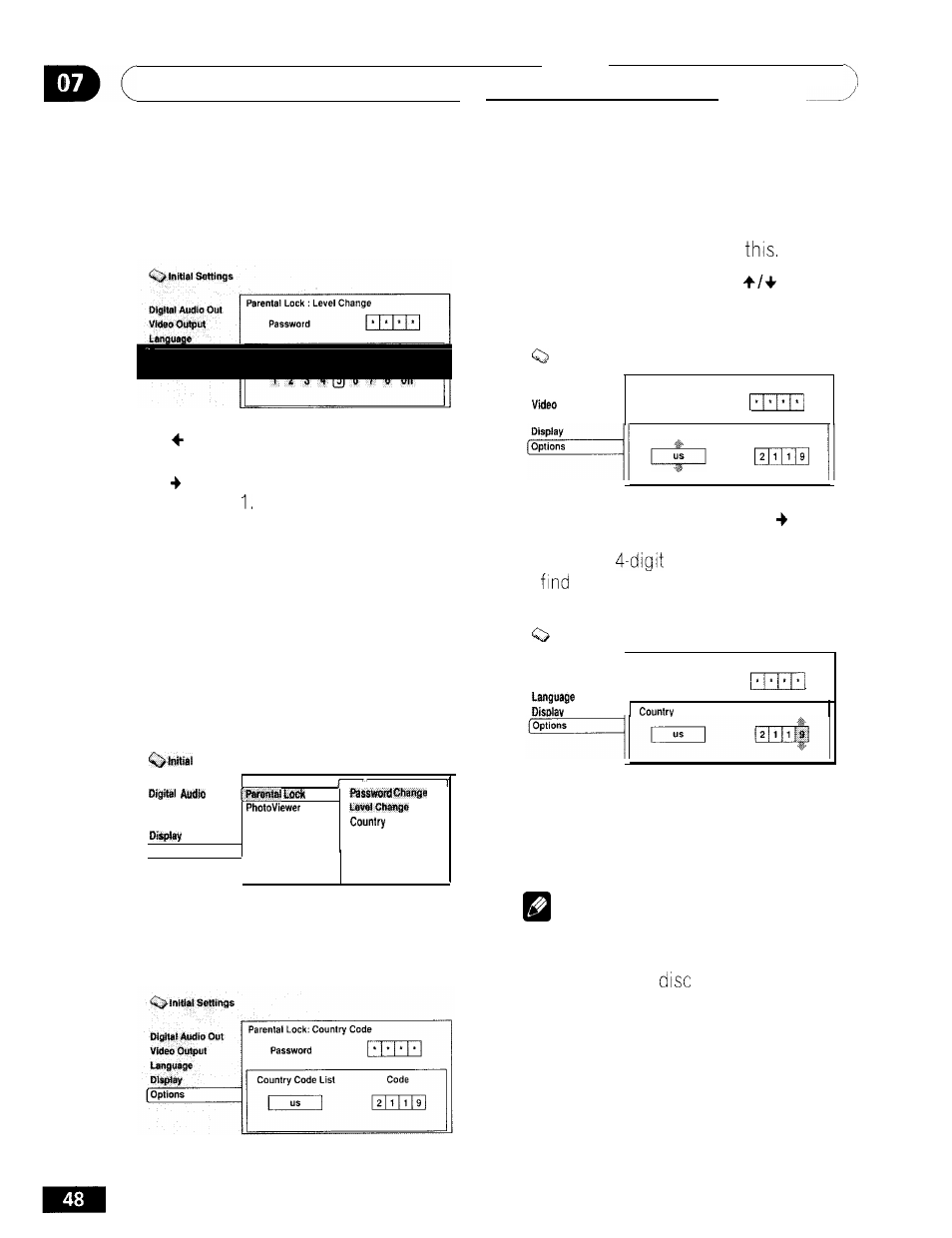 The initial settings menu, Setting/changing the country code | GE DV-354 User Manual | Page 48 / 61