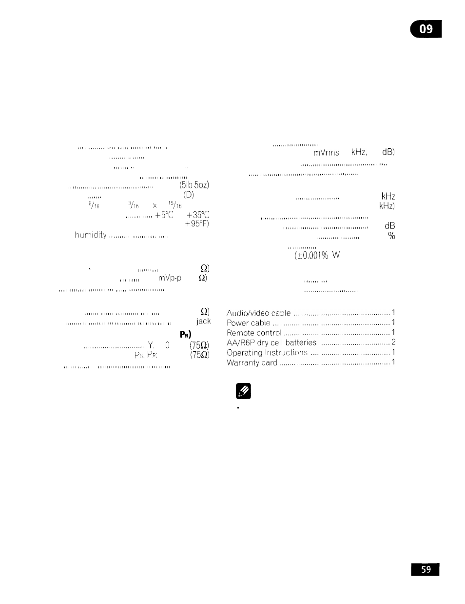 Specifications, General, S-video output | Video output, Component video output (y, Audio output (1 stereo pair), Digital audio characteristics, Digital output, Accessories | GE DV-354 User Manual | Page 59 / 61