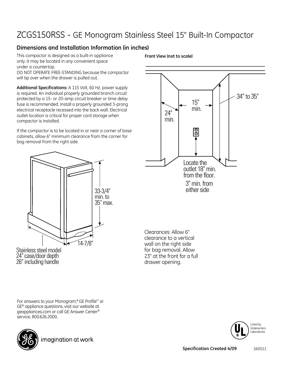 GE Monogram ZCGS150RSS User Manual | 2 pages