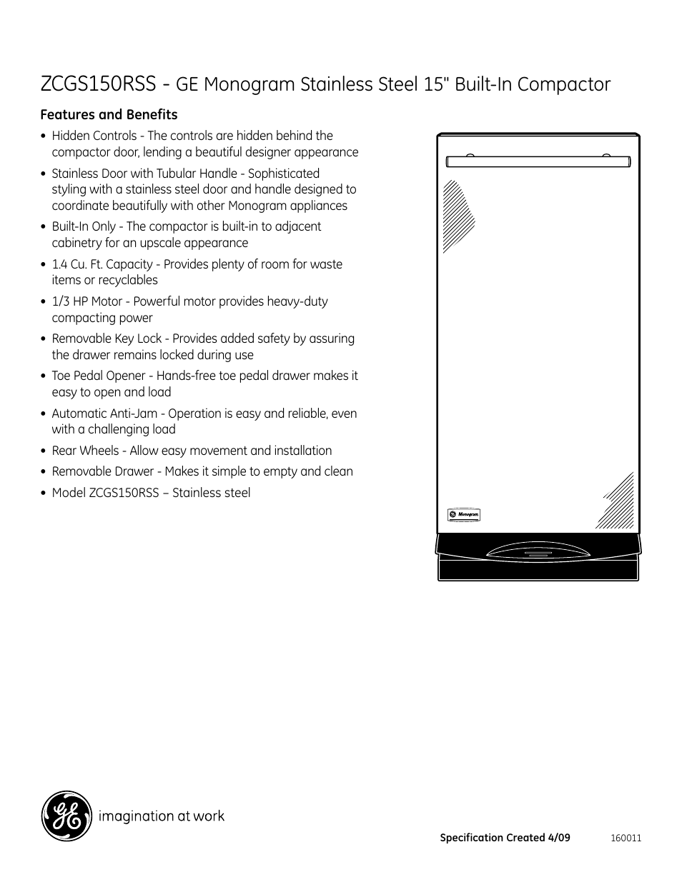 Zcgs150rss, Ge monogram stainless steel 15" built-in compactor | GE Monogram ZCGS150RSS User Manual | Page 2 / 2