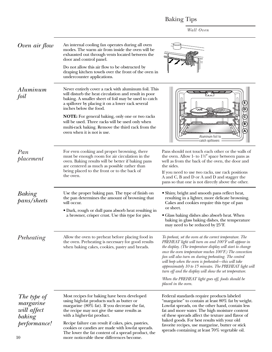 Aluminum foil, Aluminum foil , 13, 22, Baking tips | Pan placement, Preheating, Oven air flow, Baking pans/sheets | GE ZET2S User Manual | Page 10 / 128