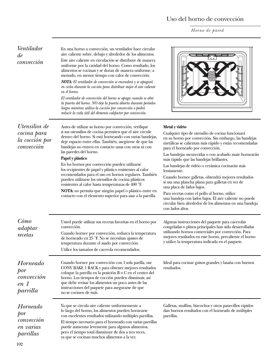 Cocción por convección, Cocción por convección –107, Uso del horno de convección | Horneado por convección en 1 parrilla, Horneado por convección en varias parrillas | GE ZET2S User Manual | Page 102 / 128