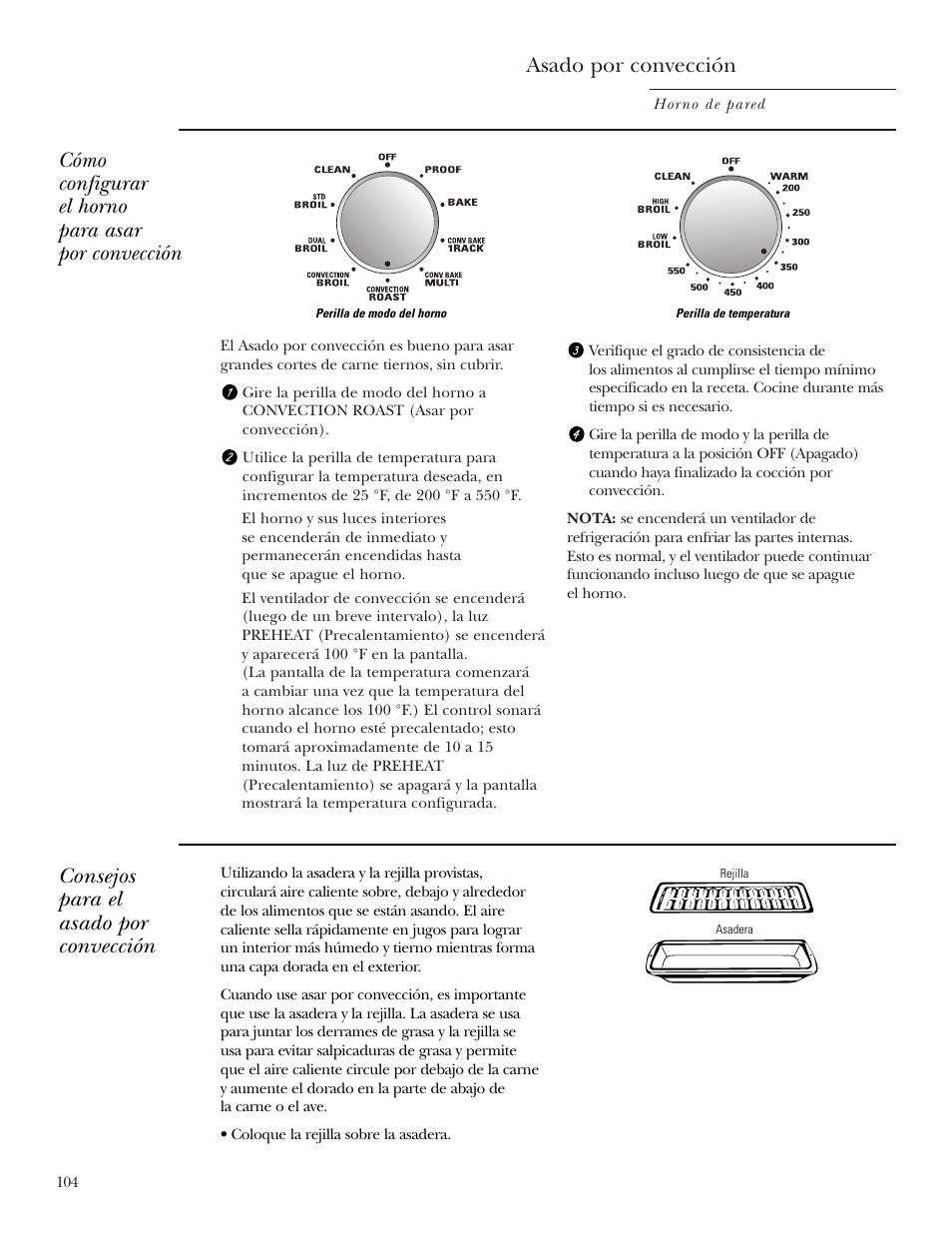 Asado por convección, Cómo configurar el horno para asar por convección, Consejos para el asado por convección | GE ZET2S User Manual | Page 104 / 128