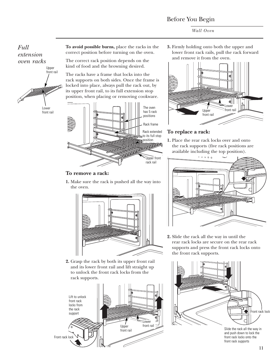 Racks, Before you begin, Full extension oven racks | GE ZET2S User Manual | Page 11 / 128