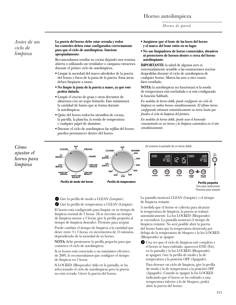 Instrucciones para la limpieza automática, Instrucciones para la limpieza automática , 112, Horno autolimpieza | Antes de un ciclo de limpieza, Cómo ajustar el horno para limpieza | GE ZET2S User Manual | Page 111 / 128