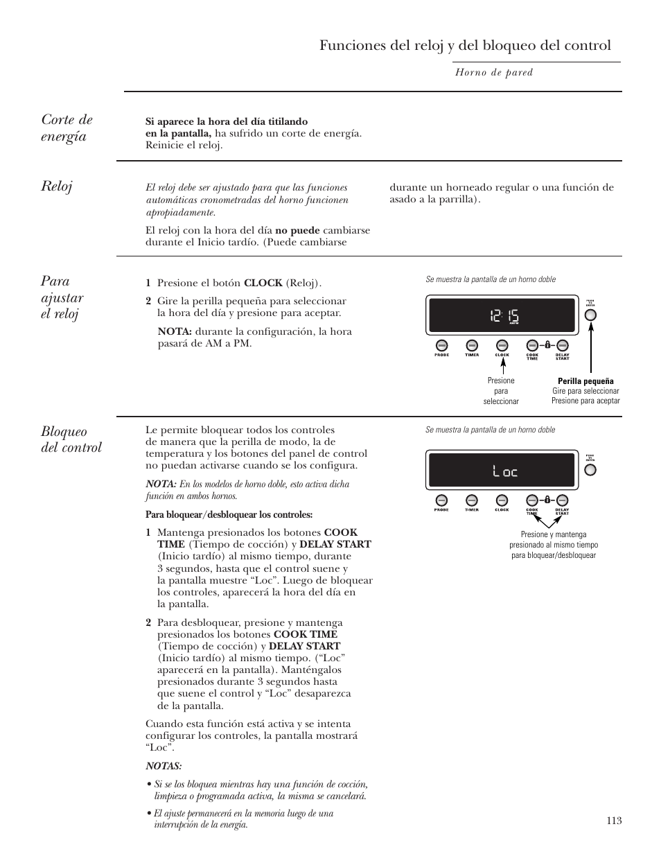 Bloqueo del control, Reloj, Funciones del reloj y del bloqueo del control | Para ajustar el reloj, Corte de energía | GE ZET2S User Manual | Page 113 / 128