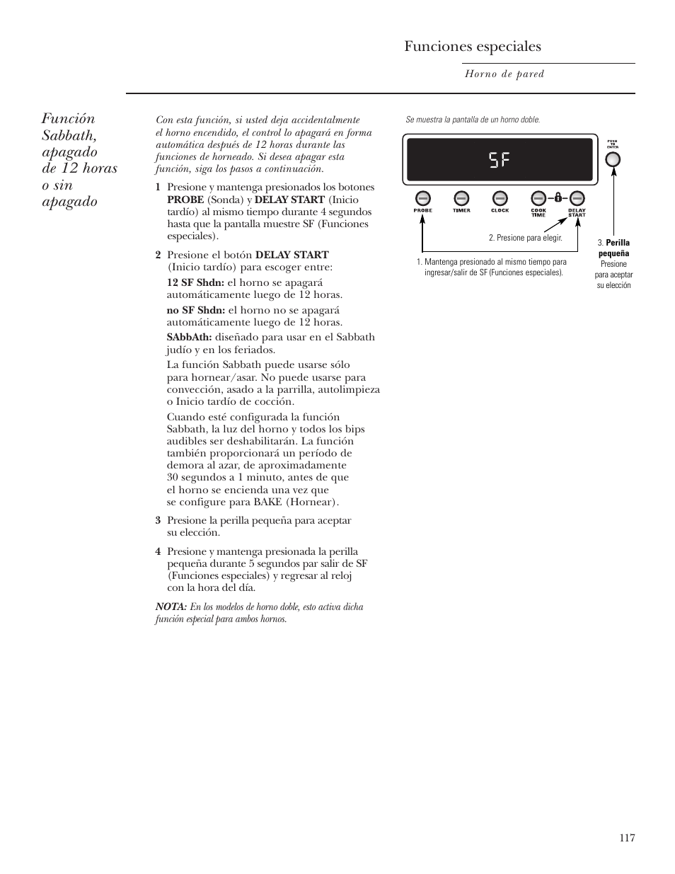 Función sabbath, Función sabbath, apagado de 12 horas o sin apagado, Funciones especiales | GE ZET2S User Manual | Page 117 / 128