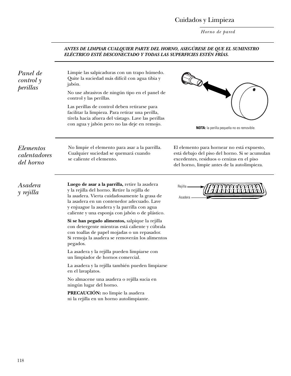 Asadera y rejilla, Panel de control y perillas, Elementos calentadores del horno | Cuidados y limpieza | GE ZET2S User Manual | Page 118 / 128