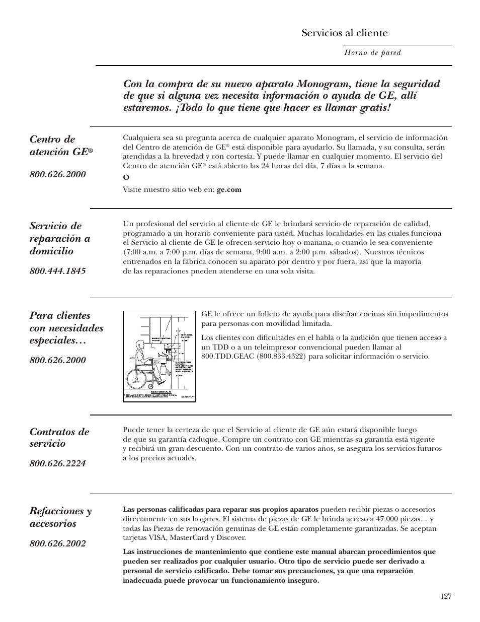 Números de teléfono importantes, Servicio de reparación a domicilio, Contratos de servicio | Refacciones y accesorios, Para clientes con necesidades especiales, Servicios al cliente | GE ZET2S User Manual | Page 127 / 128