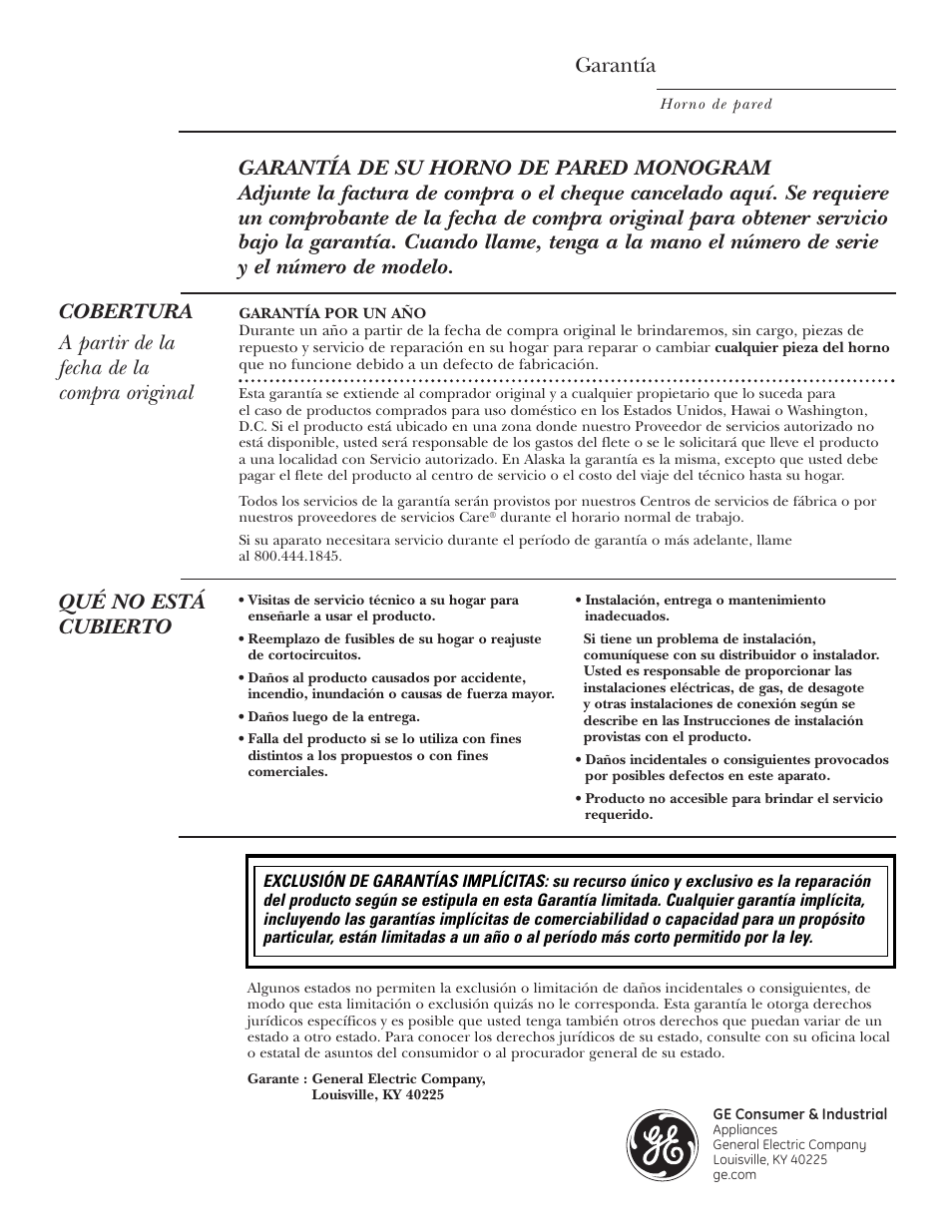 Garantía, Qué no está cubierto | GE ZET2S User Manual | Page 128 / 128