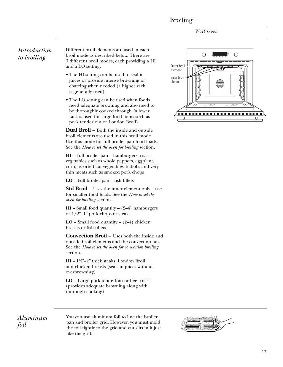 Broiling, Broiling , 14, Aluminum foil | Introduction to broiling | GE ZET2S User Manual | Page 13 / 128