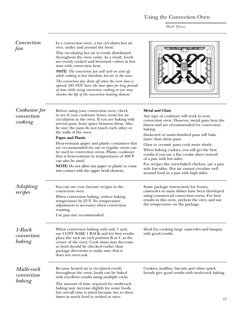 Convection cooking, Convection cooking –22, Using the convection oven | Convection fan, Cookware for convection cooking, Adapting recipes, Rack convection baking, Multi-rack convection baking | GE ZET2S User Manual | Page 17 / 128