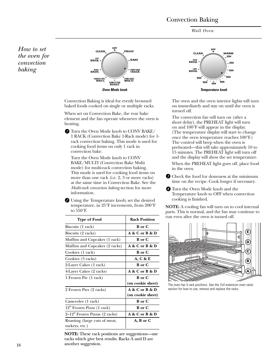 How to set the oven for convection baking, Convection baking | GE ZET2S User Manual | Page 18 / 128