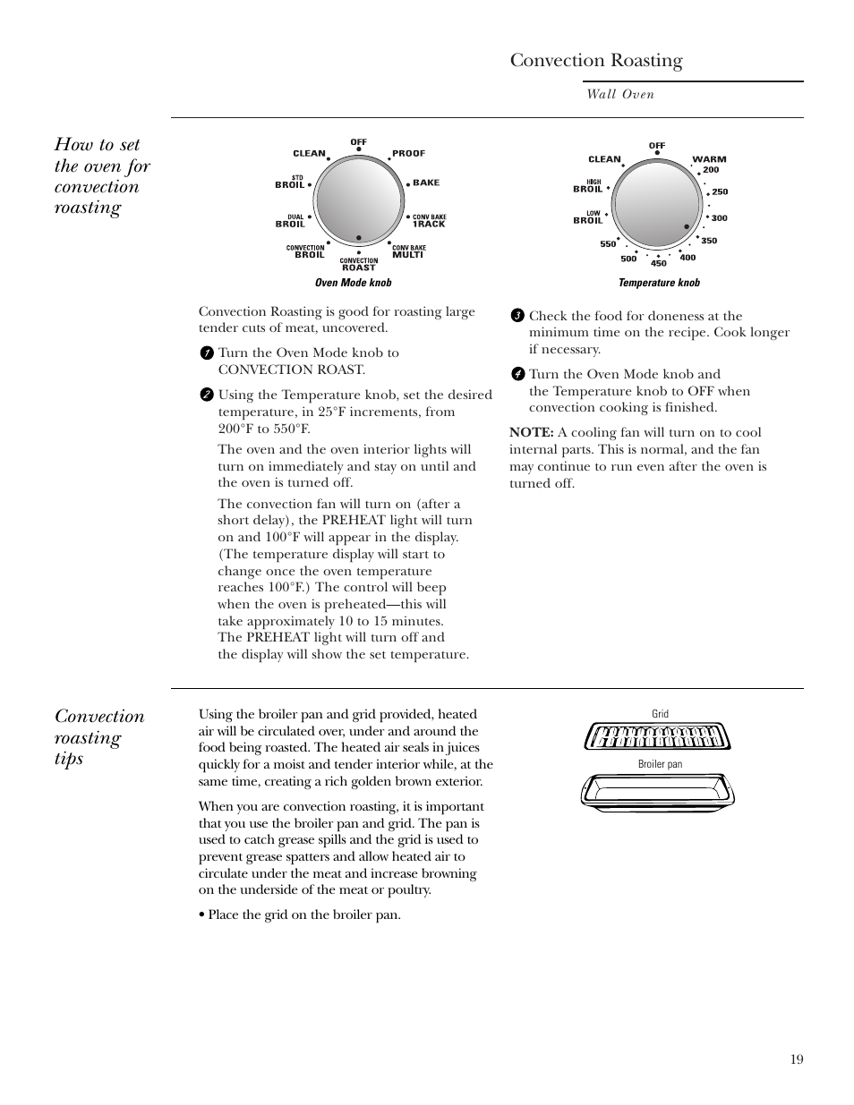 Convection roasting, How to set the oven for convection roasting, Convection roasting tips | GE ZET2S User Manual | Page 19 / 128