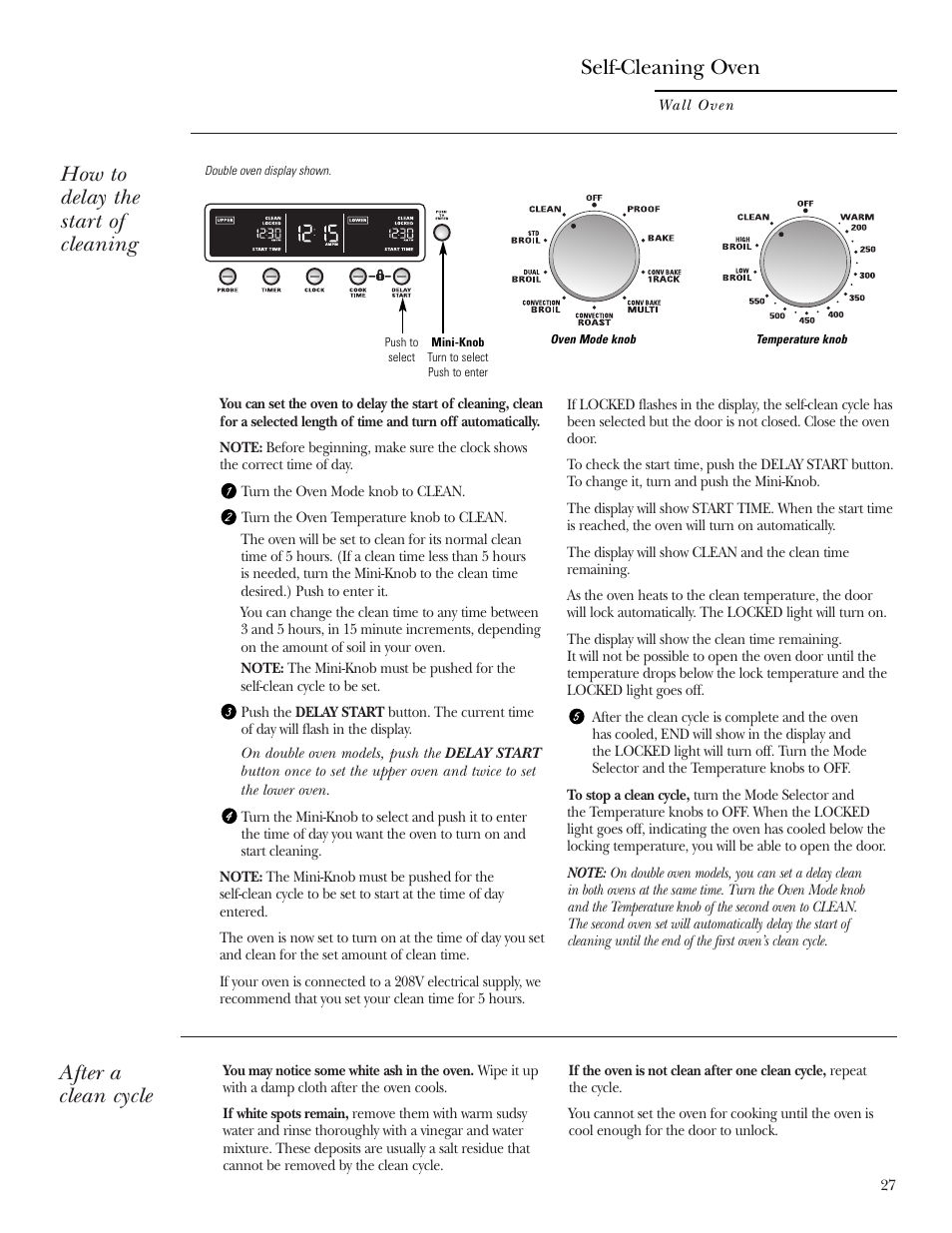 After a clean cycle, How to delay the start of cleaning, Self-cleaning oven | GE ZET2S User Manual | Page 27 / 128