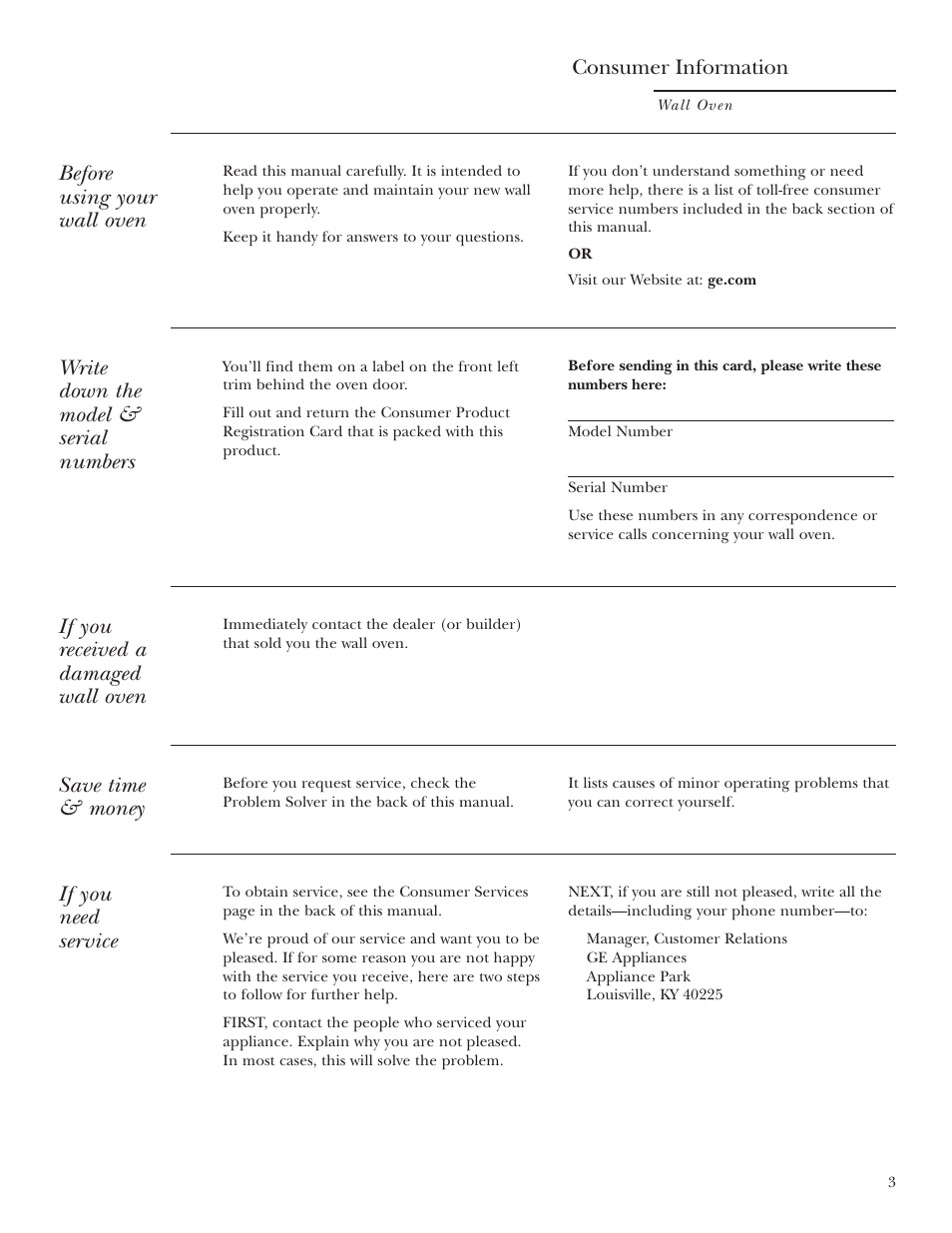 Model and serial number, Product registration, Product registration , 41, 42 | Before using your wall oven, Write down the model & serial numbers, If you received a damaged wall oven, Save time & money, If you need service, Consumer information | GE ZET2S User Manual | Page 3 / 128