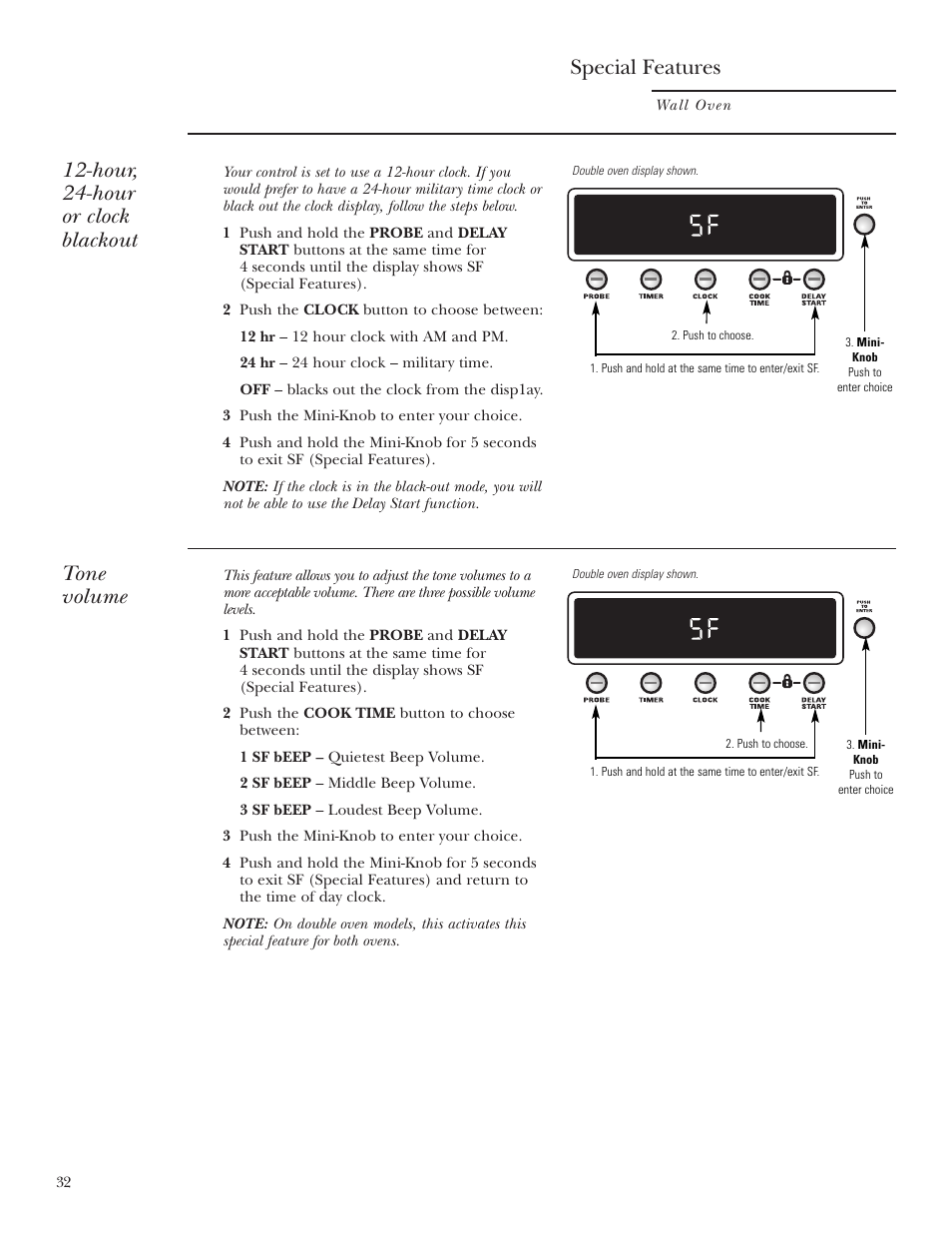 Sabbath feature, Tone volume, Special features | Hour, 24-hour or clock blackout | GE ZET2S User Manual | Page 32 / 128