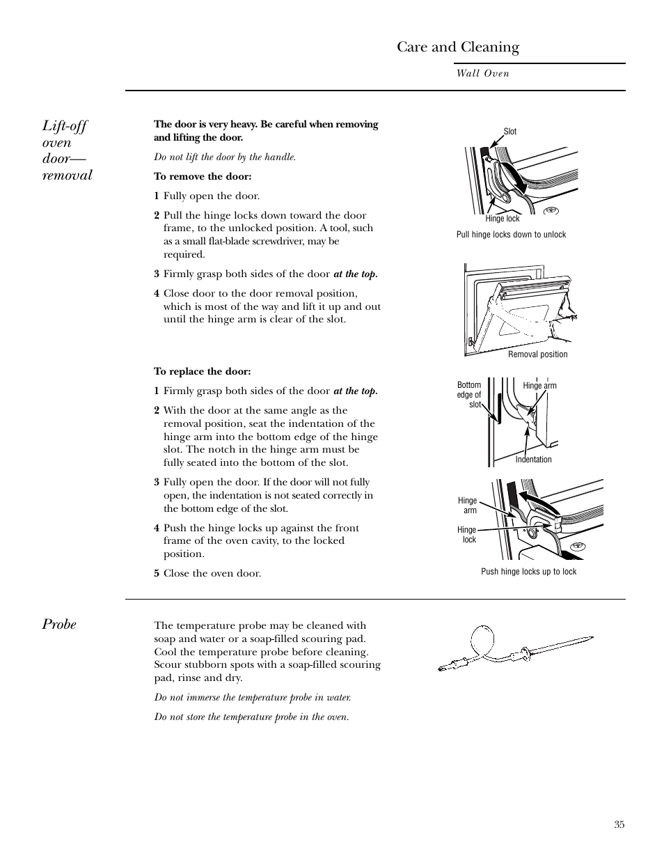 Oven door, Probe, Oven door , 37 | Care and cleaning, Lift-off oven door— removal | GE ZET2S User Manual | Page 35 / 128