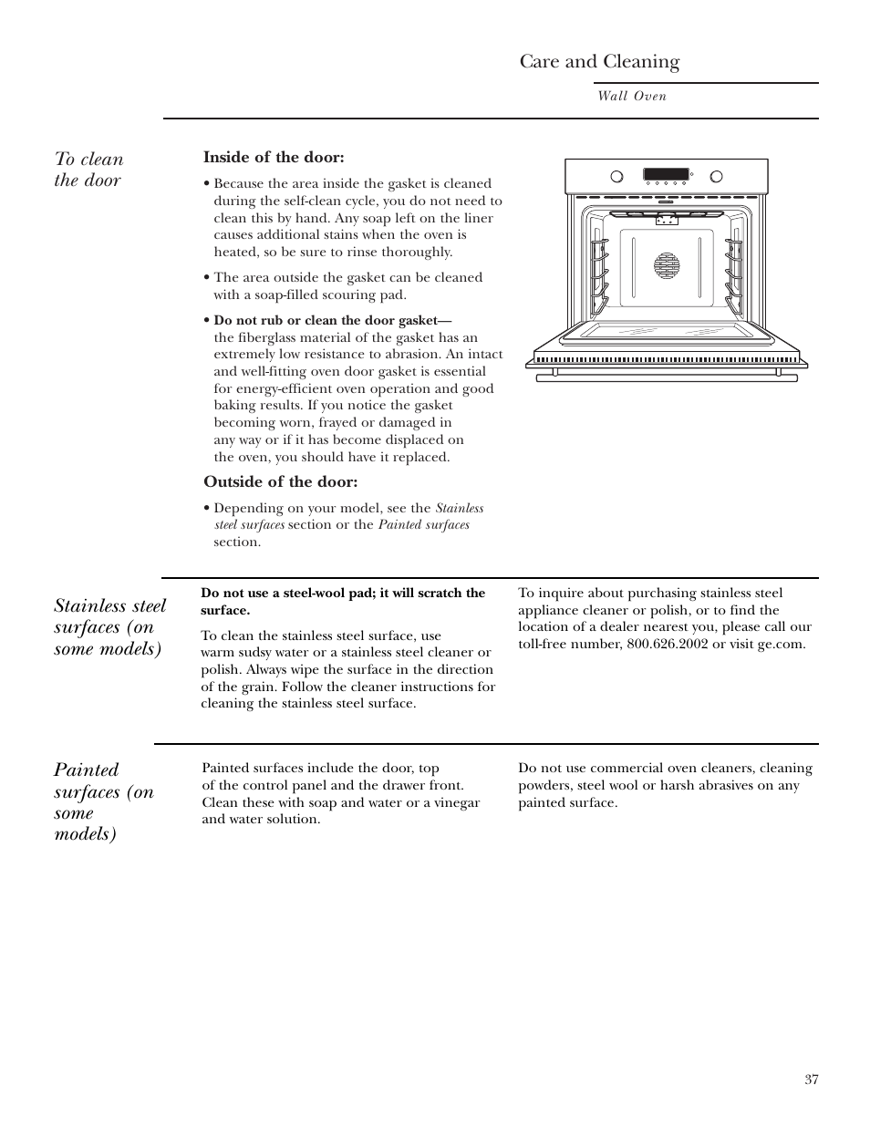 Care and cleaning, Painted surfaces (on some models), Stainless steel surfaces (on some models) | GE ZET2S User Manual | Page 37 / 128