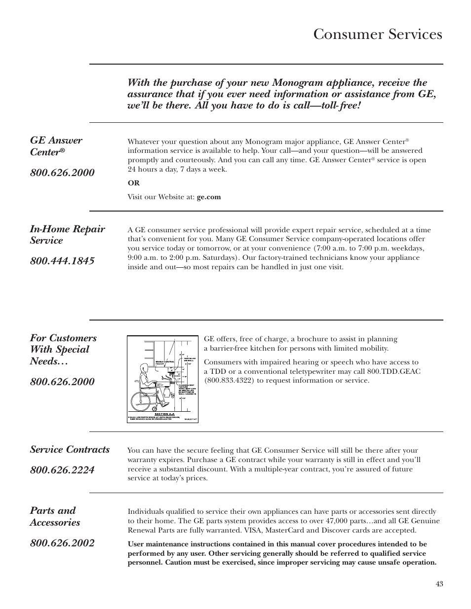 Important phone numbers, Consumer services | GE ZET2S User Manual | Page 43 / 128