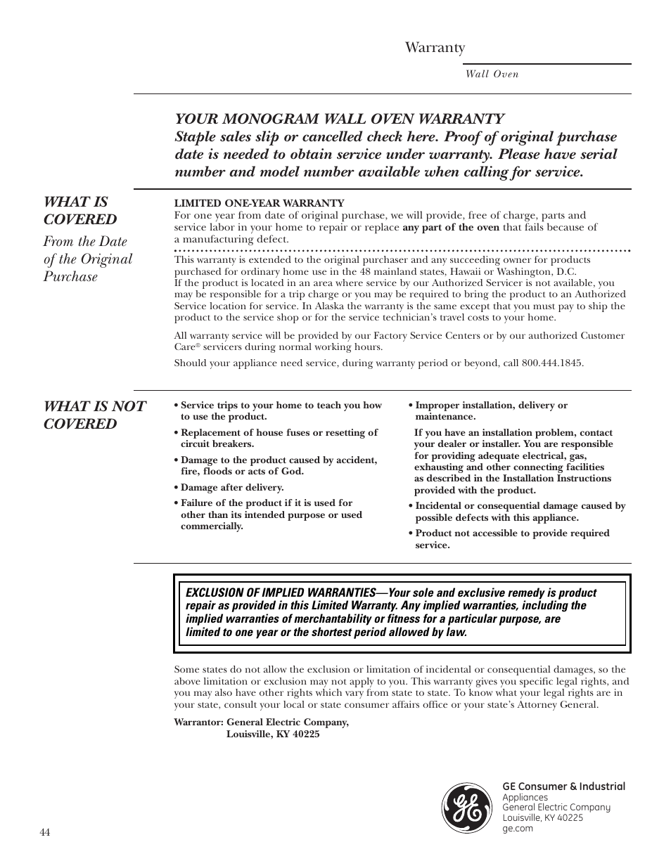 Warranty, What is not covered | GE ZET2S User Manual | Page 44 / 128