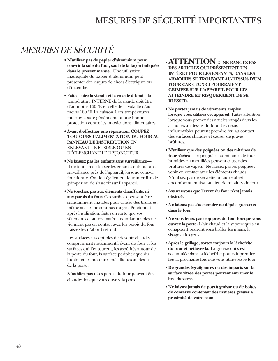 Mesures de sécurité, Mesures de sécurité importantes, Attention | GE ZET2S User Manual | Page 48 / 128