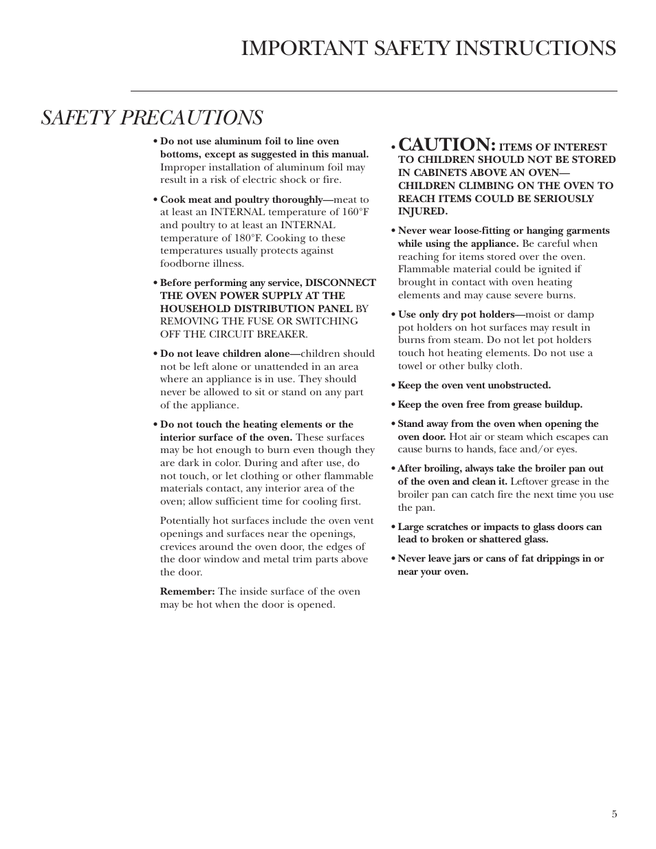 Safety precautions, Important safety instructions, Caution | GE ZET2S User Manual | Page 5 / 128