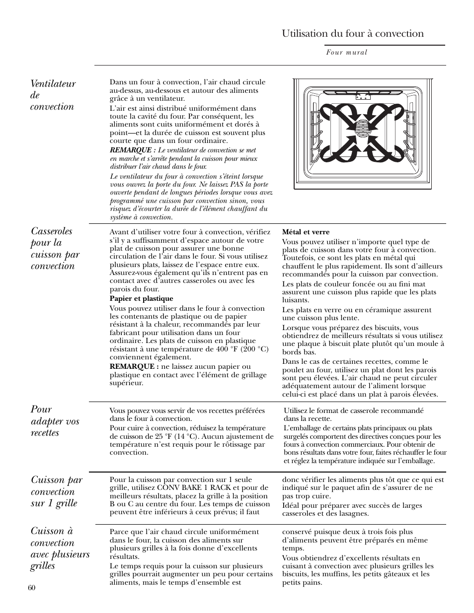 Cuisson par convection, Cuisson par convection –65, Utilisation du four à convection | Cuisson à convection avec plusieurs grilles | GE ZET2S User Manual | Page 60 / 128