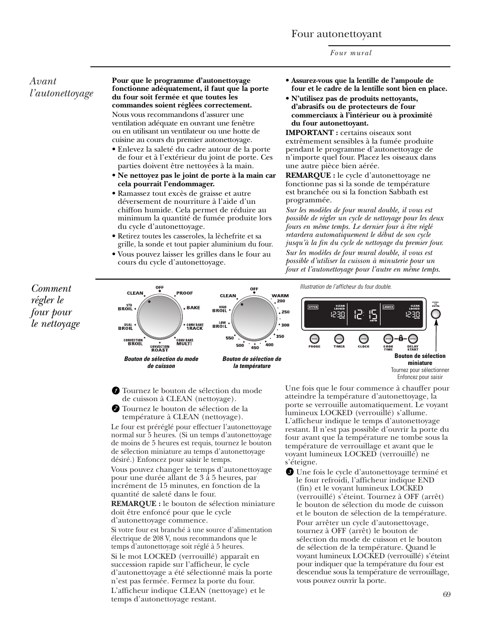 Directives pour l’autonettoyage, Directives pour l’autonettoyage , 70, Four autonettoyant | Avant l’autonettoyage, Comment régler le four pour le nettoyage | GE ZET2S User Manual | Page 69 / 128