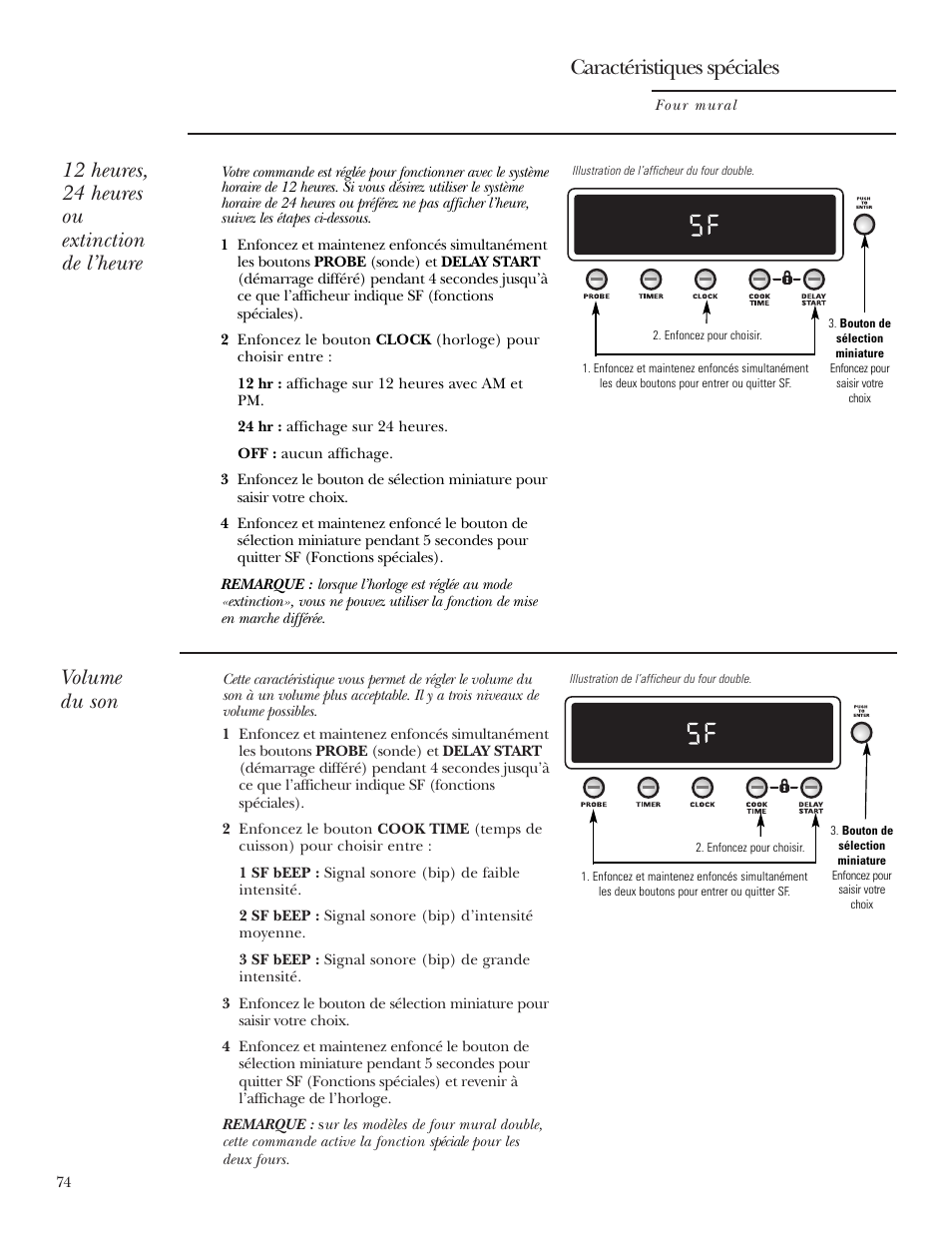 Volume du son, Caractéristiques spéciales, 12 heures, 24 heures ou extinction de l’heure | GE ZET2S User Manual | Page 74 / 128