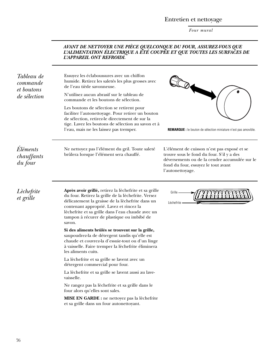 Lèchefrite et grille, Tableau de commande et boutons de sélection, Éléments chauffants du four | Entretien et nettoyage | GE ZET2S User Manual | Page 76 / 128