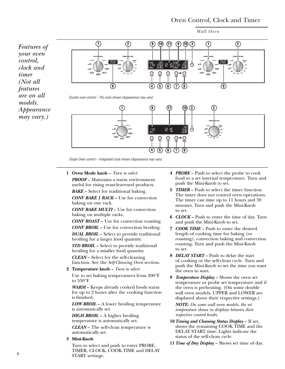 Controls, Controls , 9, 12, 14, 16, 18, 19, Oven control, clock and timer | GE ZET2S User Manual | Page 8 / 128