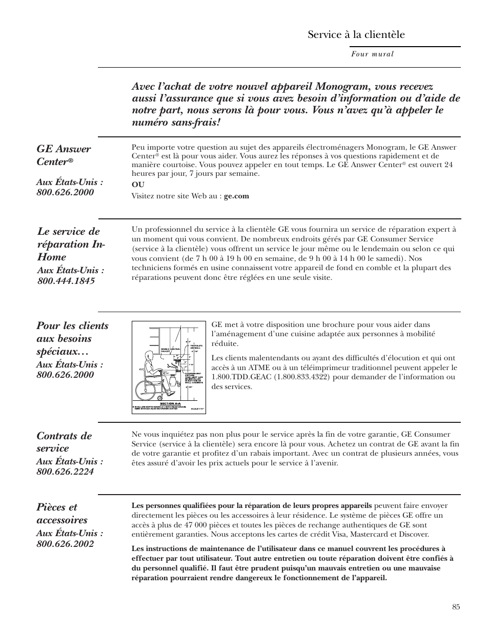 Numéros de téléphone importants, Le service de réparation in- home, Contrats de service | Pièces et accessoires, Pour les clients aux besoins spéciaux, Service à la clientèle | GE ZET2S User Manual | Page 85 / 128