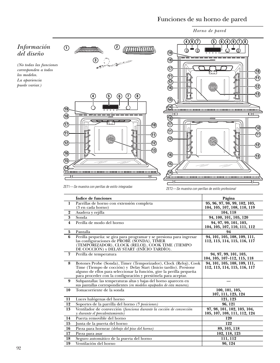 Funciones, Funciones de su horno de pared, Información del diseño | GE ZET2S User Manual | Page 92 / 128