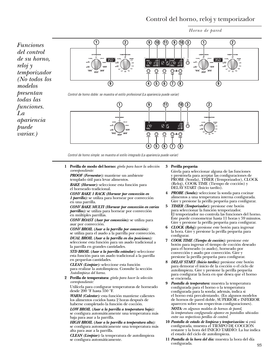 Controles, Controles , 94, 97, 99, 101, 103, 104, Control del horno, reloj y temporizador | GE ZET2S User Manual | Page 93 / 128