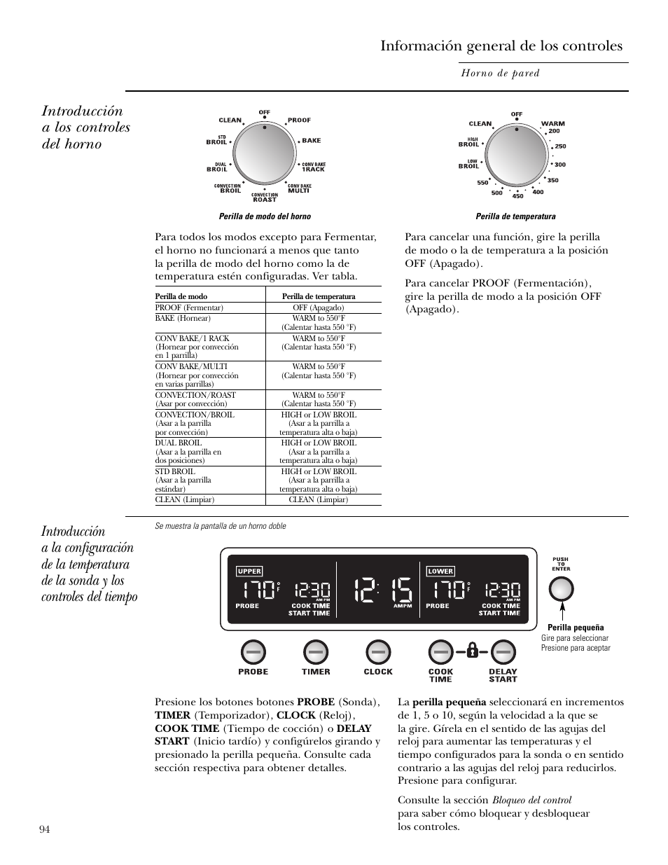 Sonda, Sonda , 100, 101, 105, 120, Introducción a los controles del horno | GE ZET2S User Manual | Page 94 / 128