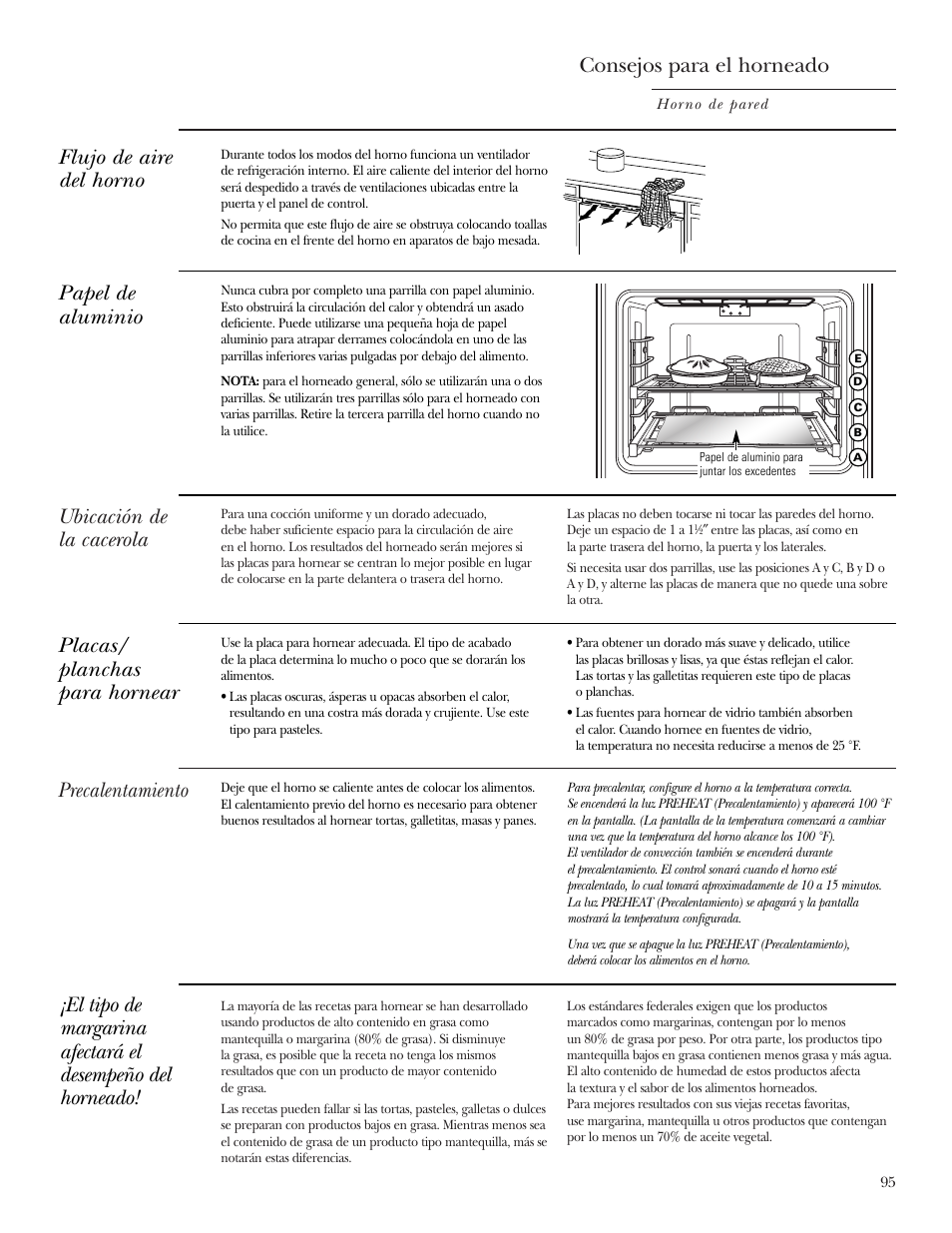 Papel de aluminio, Papel de aluminio , 98, 107, Consejos para el horneado | Ubicación de la cacerola, Precalentamiento papel de aluminio, Flujo de aire del horno, Placas/ planchas para hornear | GE ZET2S User Manual | Page 95 / 128