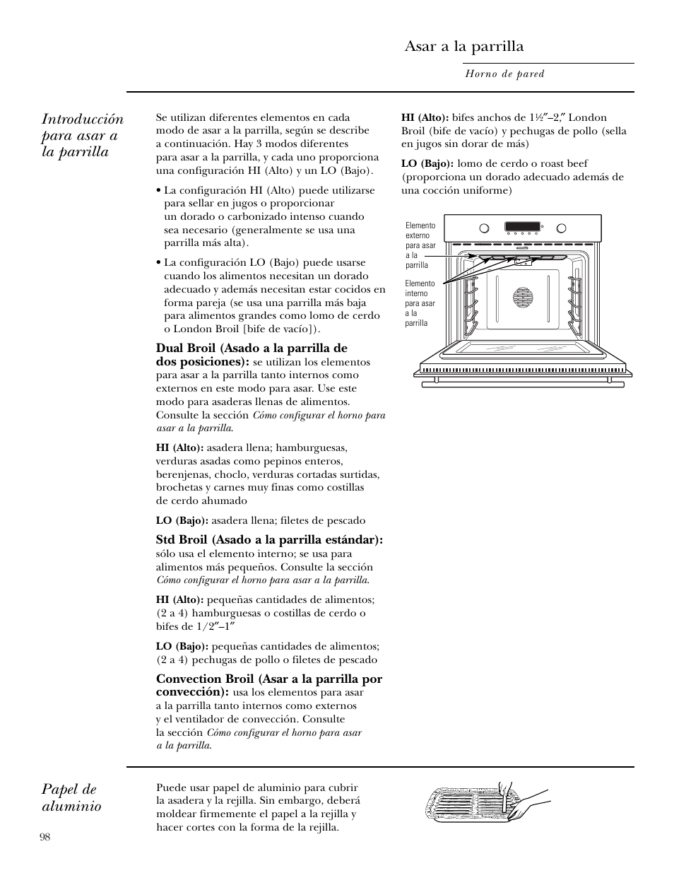 Asar a la parilla, Asar a la parilla , 99, Papel de aluminio | Asar a la parrilla, Introducción para asar a la parrilla | GE ZET2S User Manual | Page 98 / 128