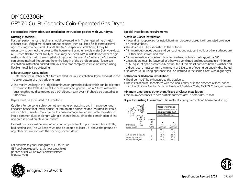 Dmcd330gh, 0 cu. ft. capacity coin-operated gas dryer | GE DMCD330GHWC User Manual | Page 2 / 3