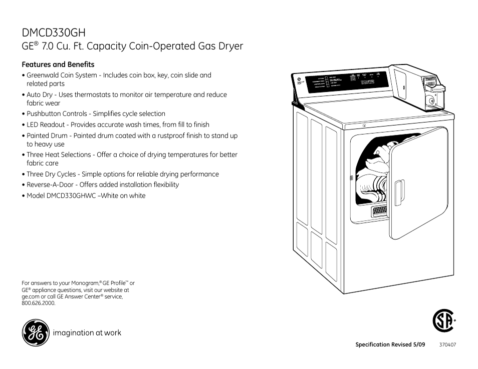 Dmcd330gh, 0 cu. ft. capacity coin-operated gas dryer | GE DMCD330GHWC User Manual | Page 3 / 3