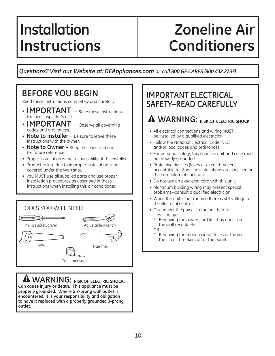 Before you begin, Important electrical safety–read carefully, Important | Warning | GE AZ85H12DAC User Manual | Page 10 / 28