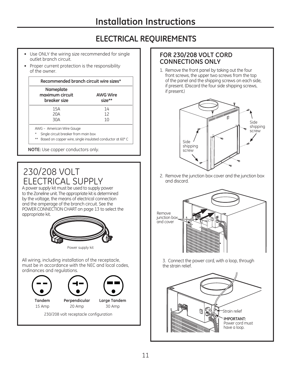 Installation instructions, Electrical requirements | GE AZ85H12DAC User Manual | Page 11 / 28