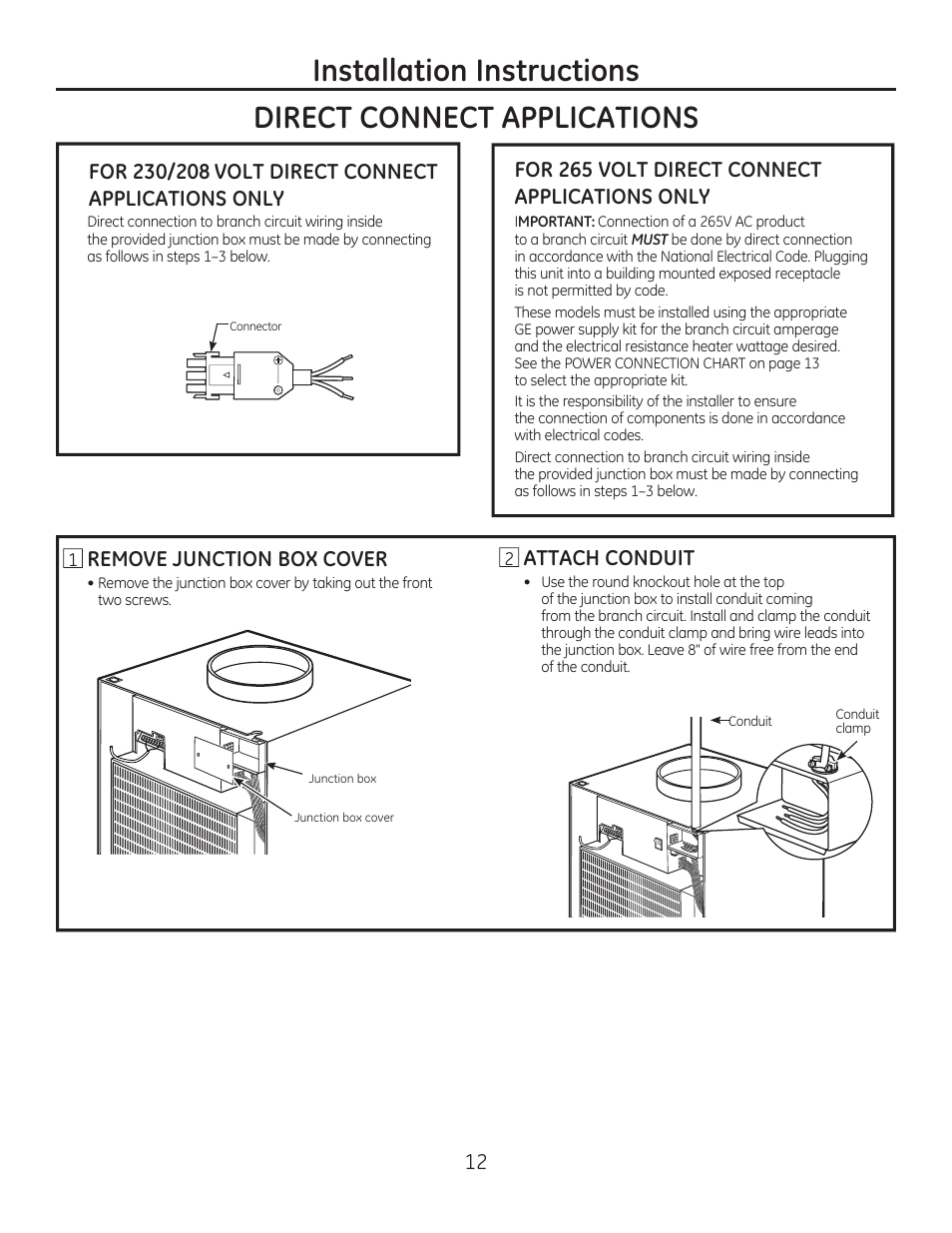 Installation instructions, Direct connect applications, Remove junction box cover | For 265 volt direct connect applications only, Attach conduit | GE AZ85H12DAC User Manual | Page 12 / 28