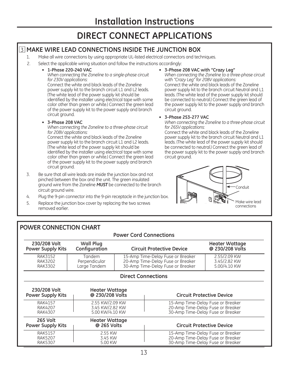 Make wire lead connections inside the junction box, Power connection chart | GE AZ85H12DAC User Manual | Page 13 / 28