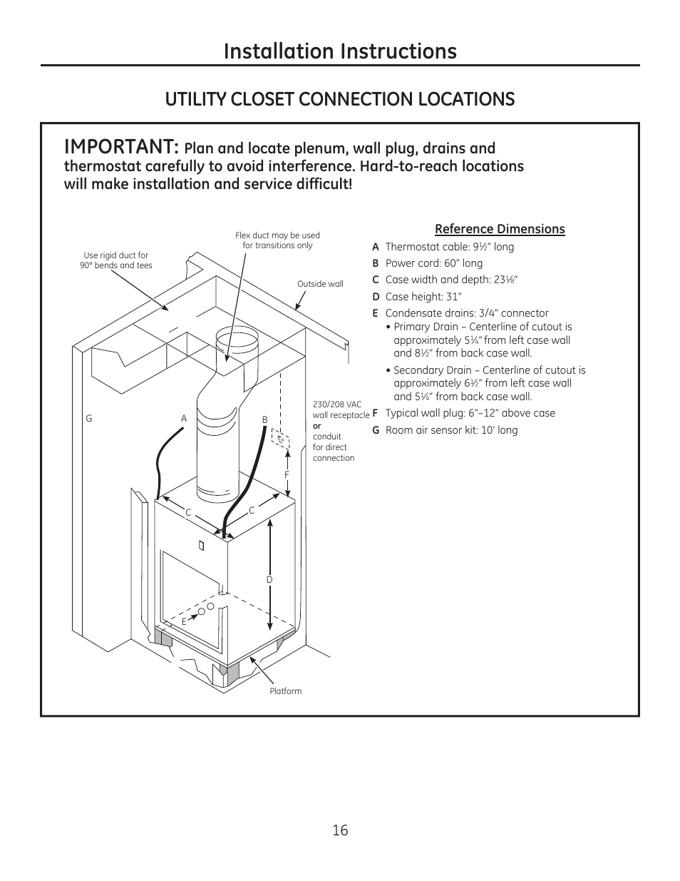 Installation instructions, Important, Utility closet connection locations | Reference dimensions | GE AZ85H12DAC User Manual | Page 16 / 28
