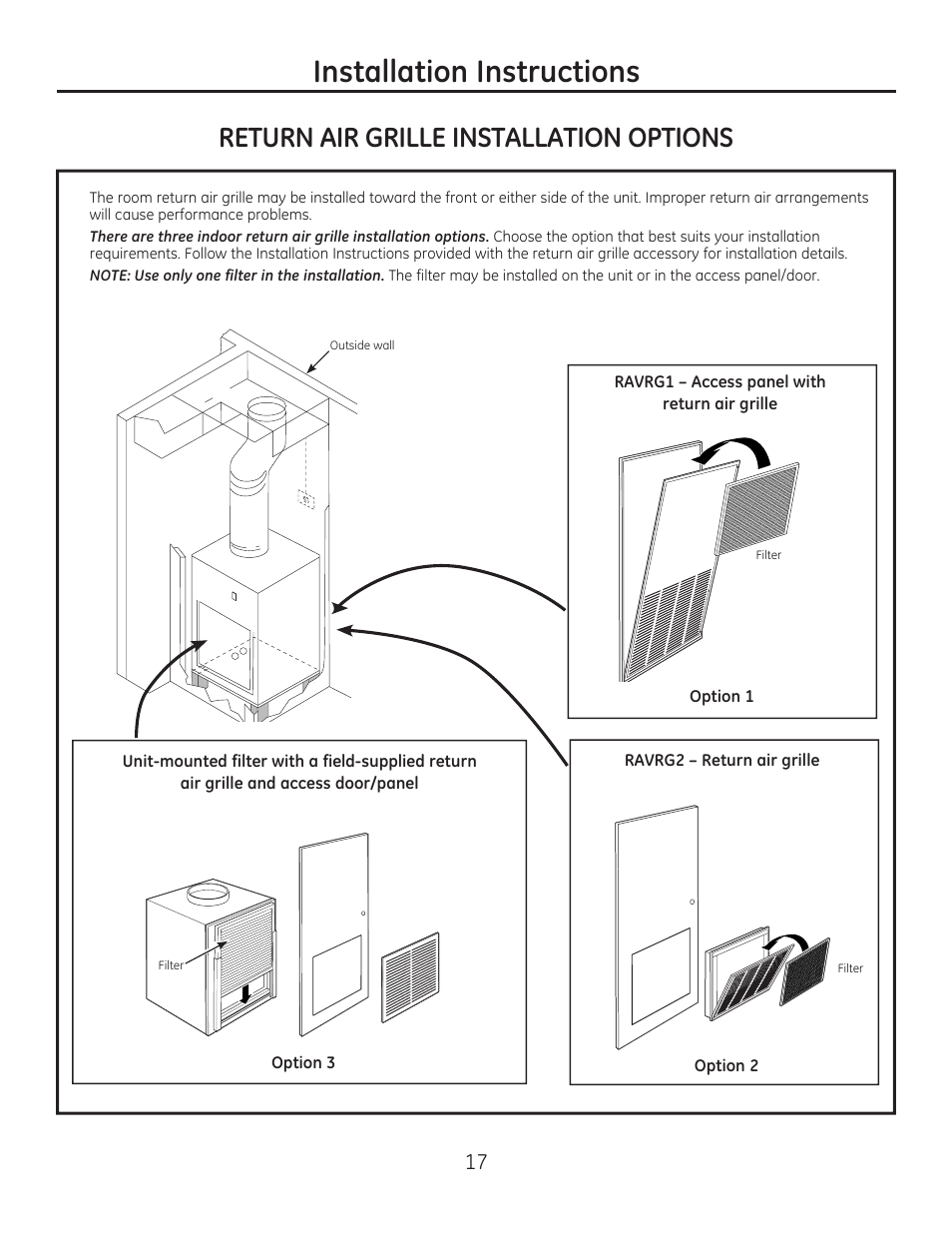 Installation instructions, Return air grille installation options | GE AZ85H12DAC User Manual | Page 17 / 28