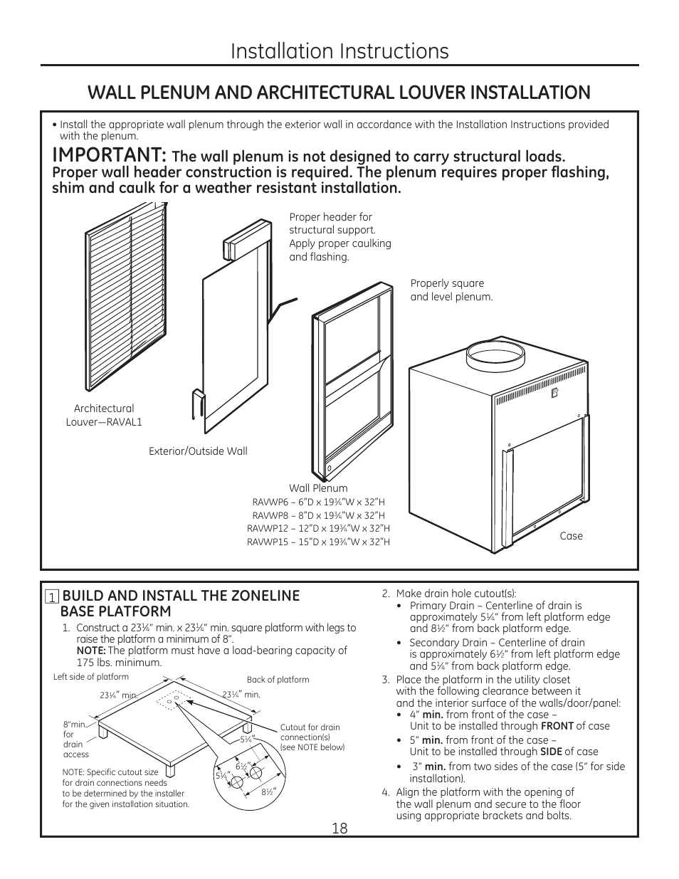 Installation instructions, Important, Wall plenum and architectural louver installation | Build and install the zoneline base platform | GE AZ85H12DAC User Manual | Page 18 / 28