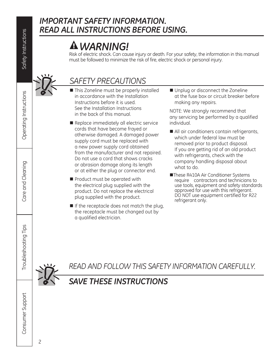 Warning, Safety precautions, Save these instructions | Read and follow this safety information carefully | GE AZ85H12DAC User Manual | Page 2 / 28