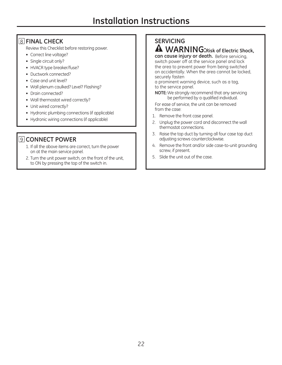 Installation instructions, Warning | GE AZ85H12DAC User Manual | Page 22 / 28